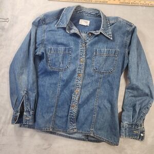 Talbots Chambray Button Up Shirt Women's M Petite Dark‎ Blue Denim Western VTG